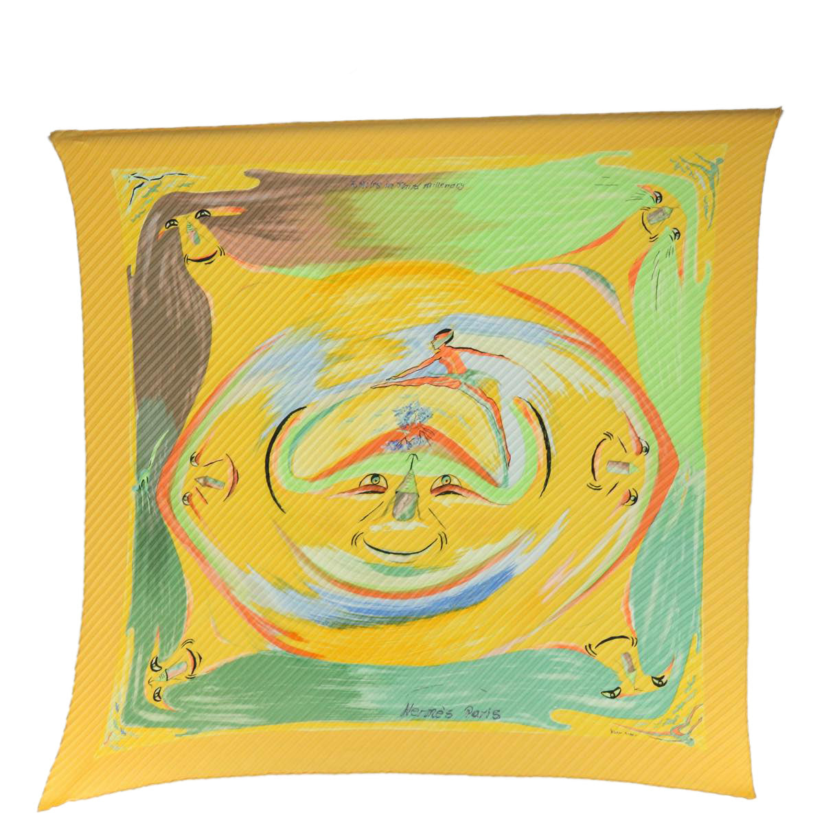 HERMES Carre Pleated Smiles in Third millenary Scarf Silk Yellow Auth am5305