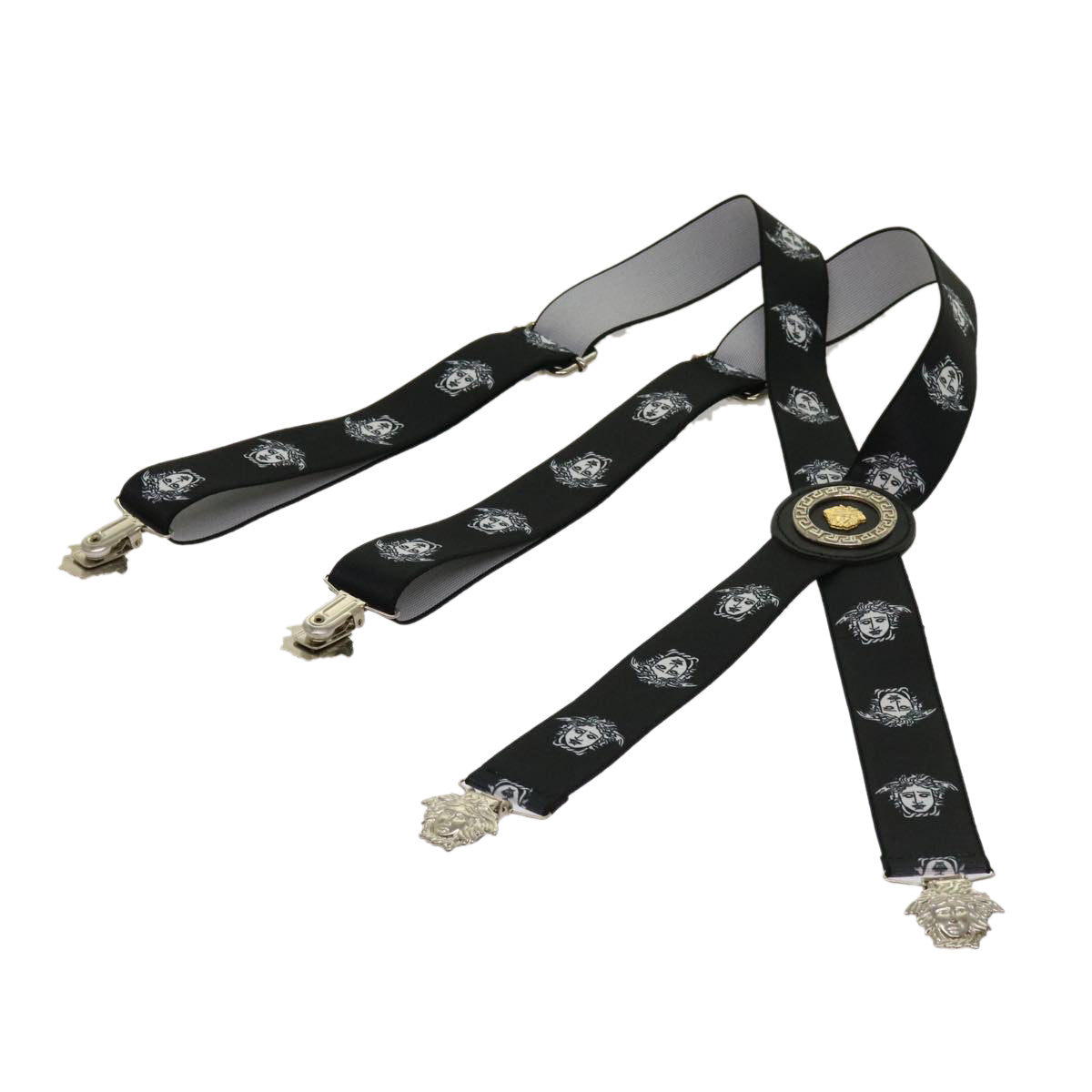 VERSACE Medusa Suspenders Belt Black White Auth am5306