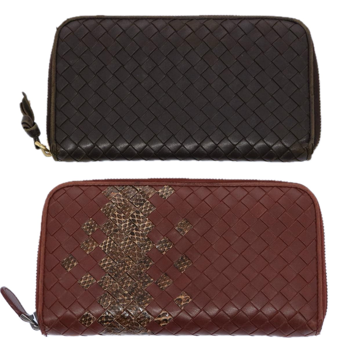 BOTTEGAVENETA INTRECCIATO Wallet Leather 2Set Brown Black Auth am5335