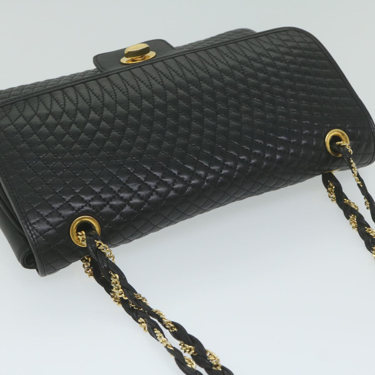 BALLY Quilted Chain Shoulder Bag Leather Black Auth am5340