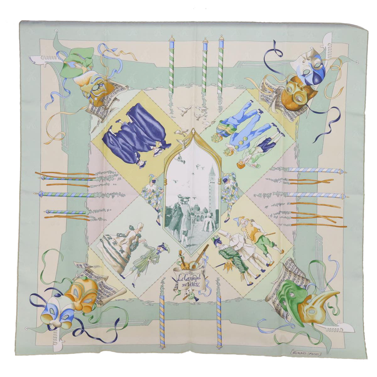 HERMES Carre 90 LE CARNAVAL DE VENISE Scarf Silk Green Auth am5381