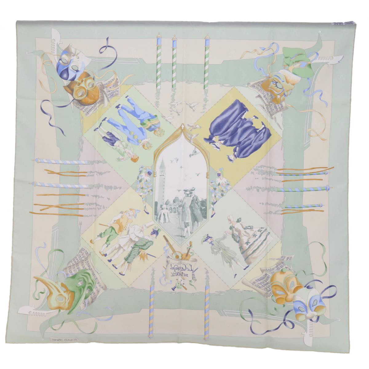 HERMES Carre 90 LE CARNAVAL DE VENISE Scarf Silk Green Auth am5381