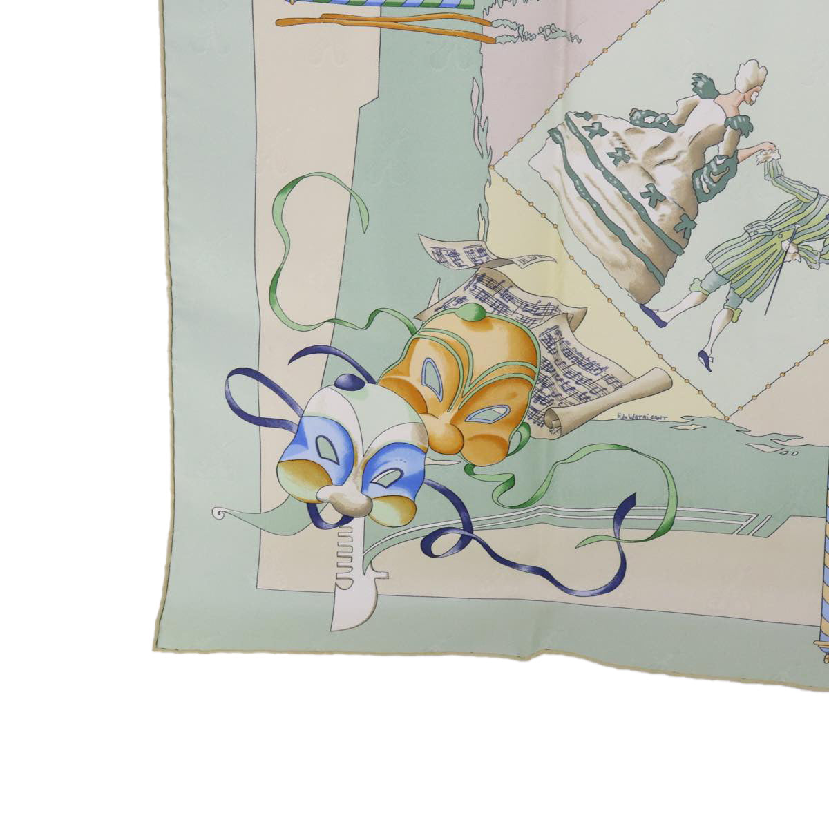 HERMES Carre 90 LE CARNAVAL DE VENISE Scarf Silk Green Auth am5381