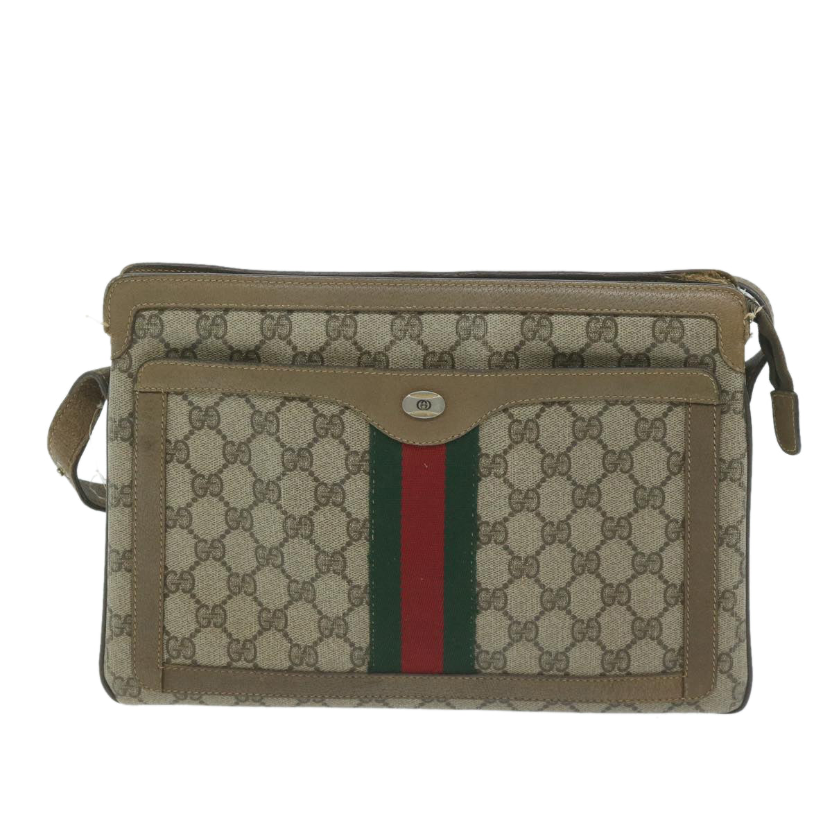 GUCCI GG Canvas Sherry Line Shoulder Bag PVC Beige Green Red Auth am5452