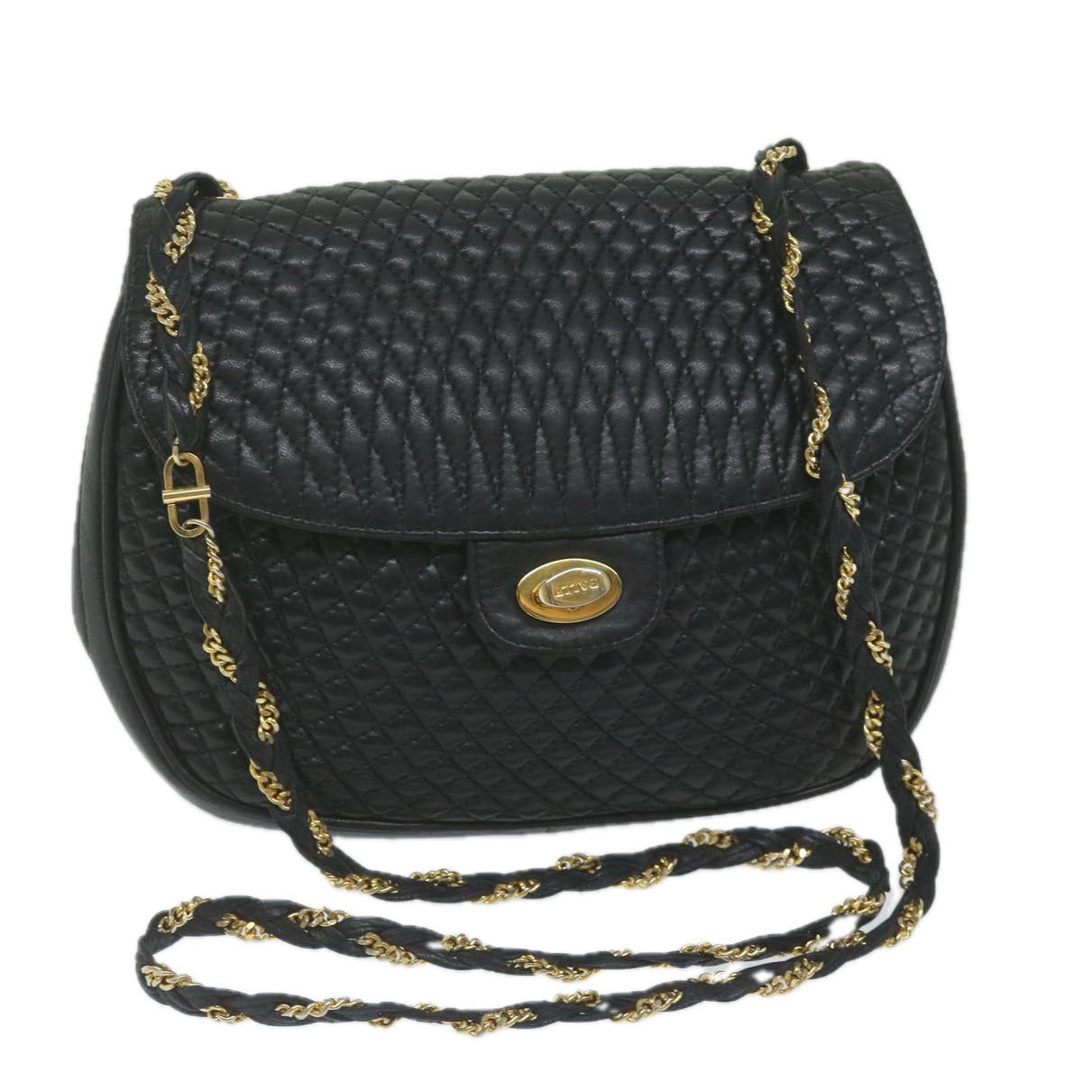 BALLY Quilted Chain Shoulder Bag Leather Black Auth am5550