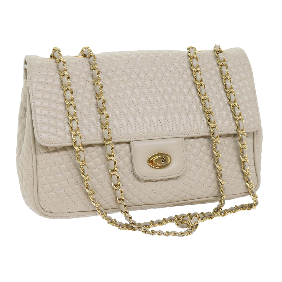 BALLY Chain Quilted Shoulder Bag Leather Beige Auth am5593