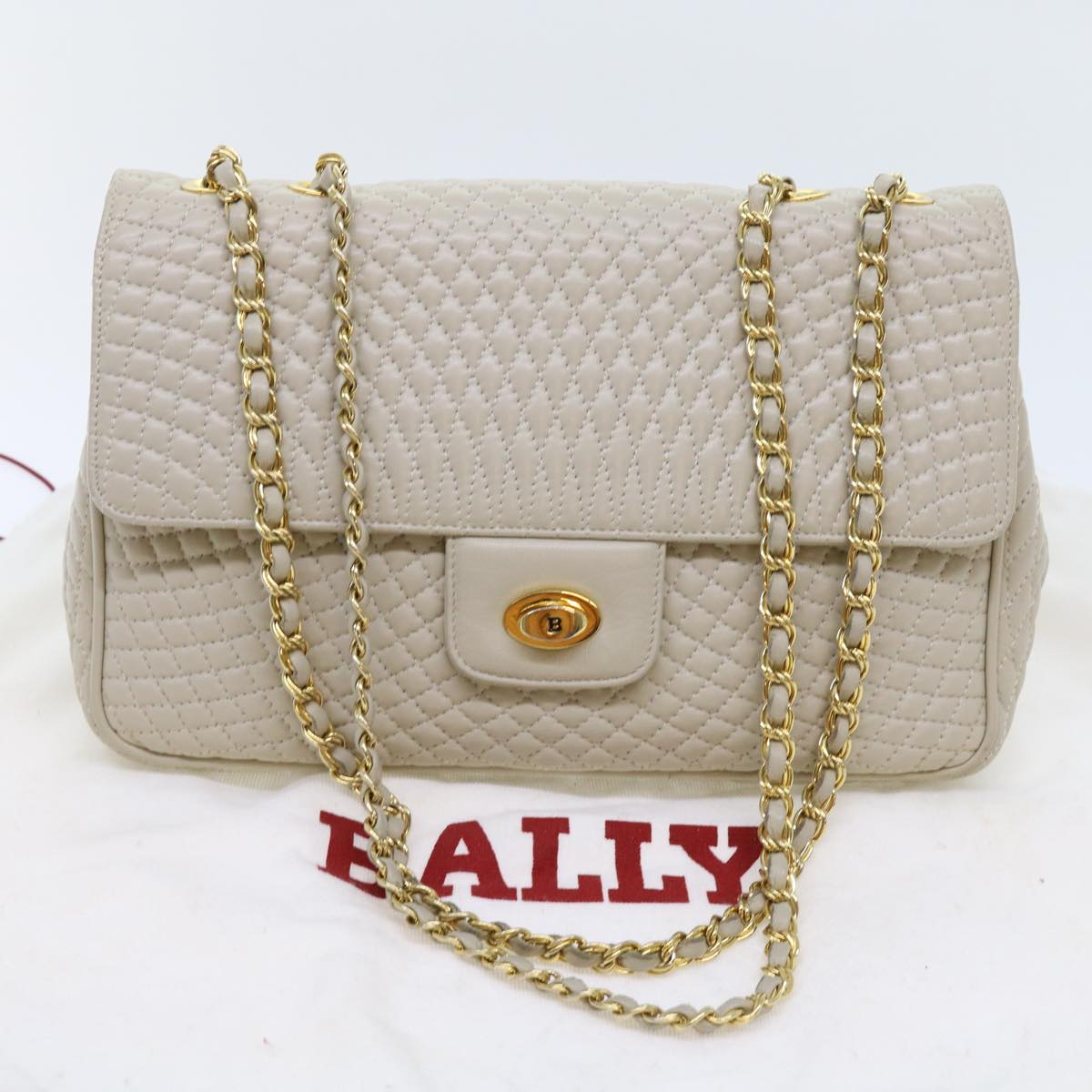 BALLY Chain Quilted Shoulder Bag Leather Beige Auth am5593