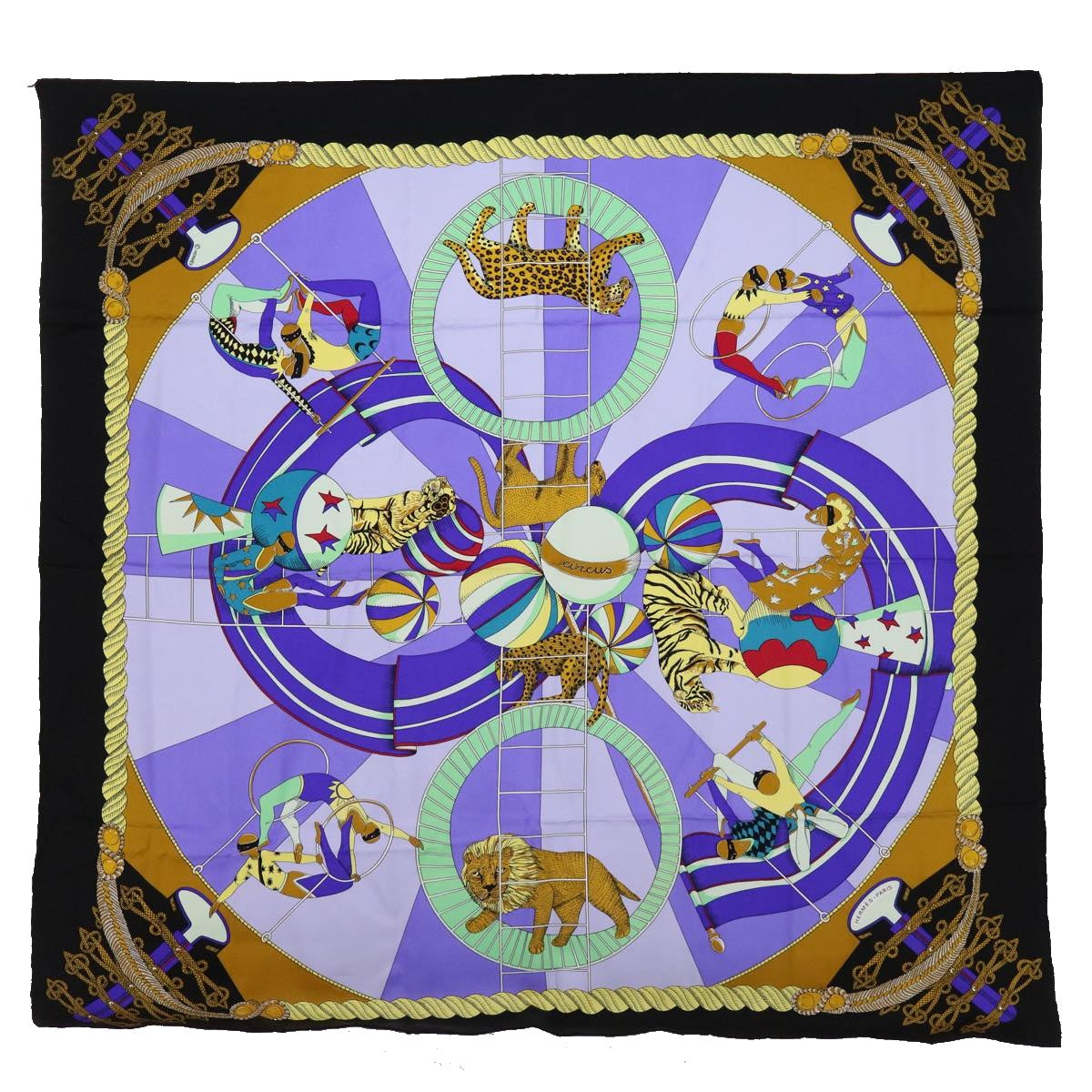 HERMES Carre 90 circus Scarf Silk Blue Purple Auth am5629