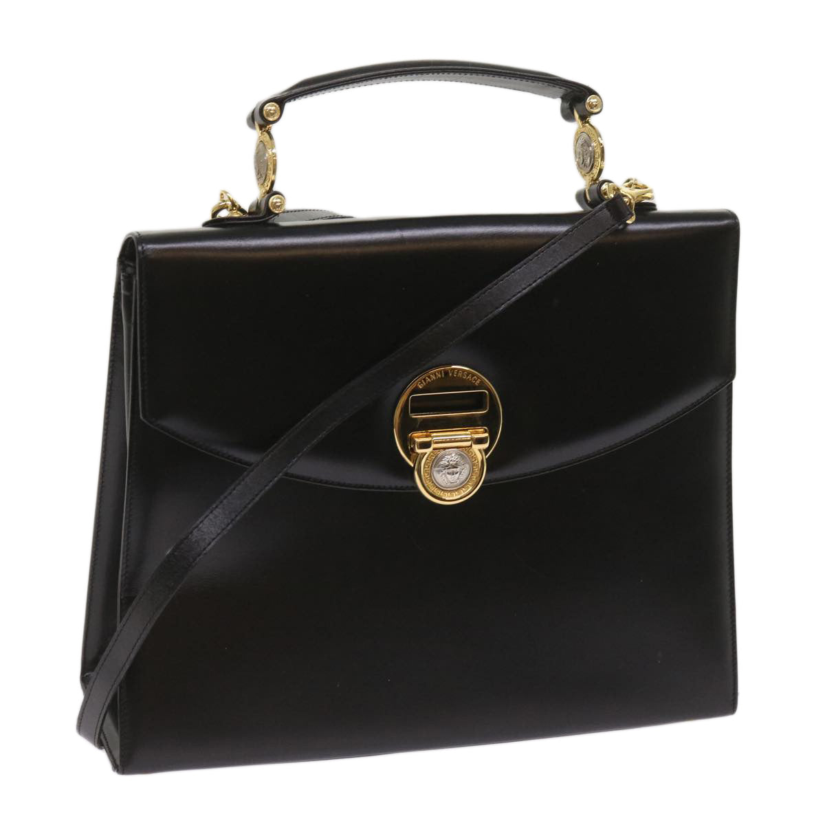 Gianni Versace Hand Bag Leather 2way Black Auth am5762