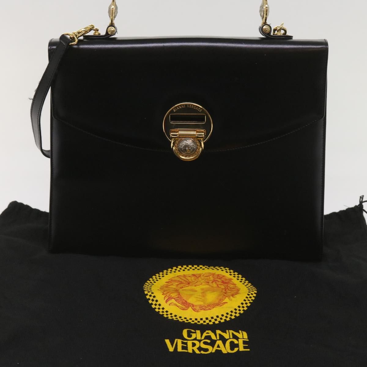 Gianni Versace Hand Bag Leather 2way Black Auth am5762