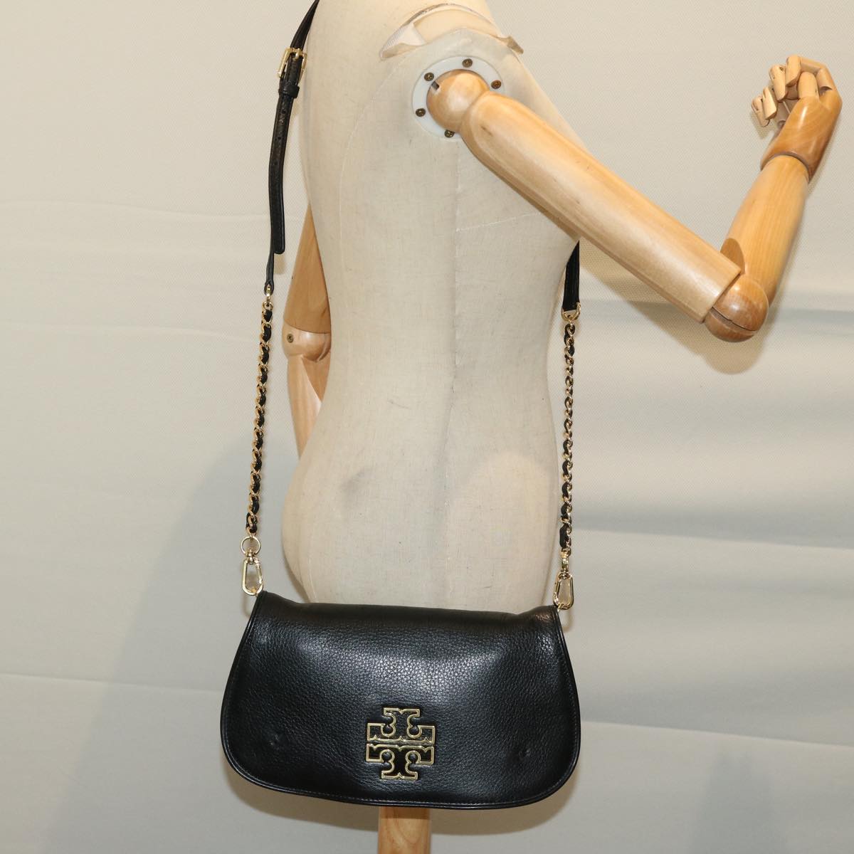 TORY BURCH Chain Shoulder Bag Leather Black Auth am5805