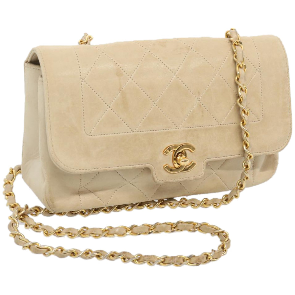 CHANEL Matelasse Chain Turn Lock Shoulder Bag Lamb Skin Beige CC Auth am5815