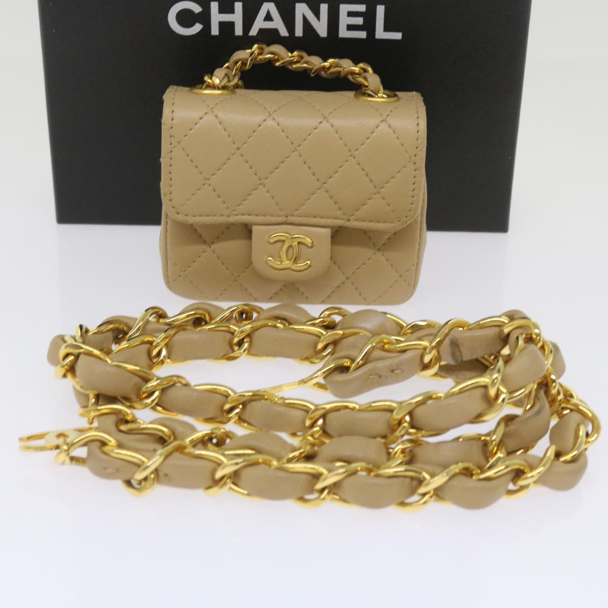 CHANEL Mini Mini Matelasse Chain Waist bag Lamb Skin Beige CC Auth am5824