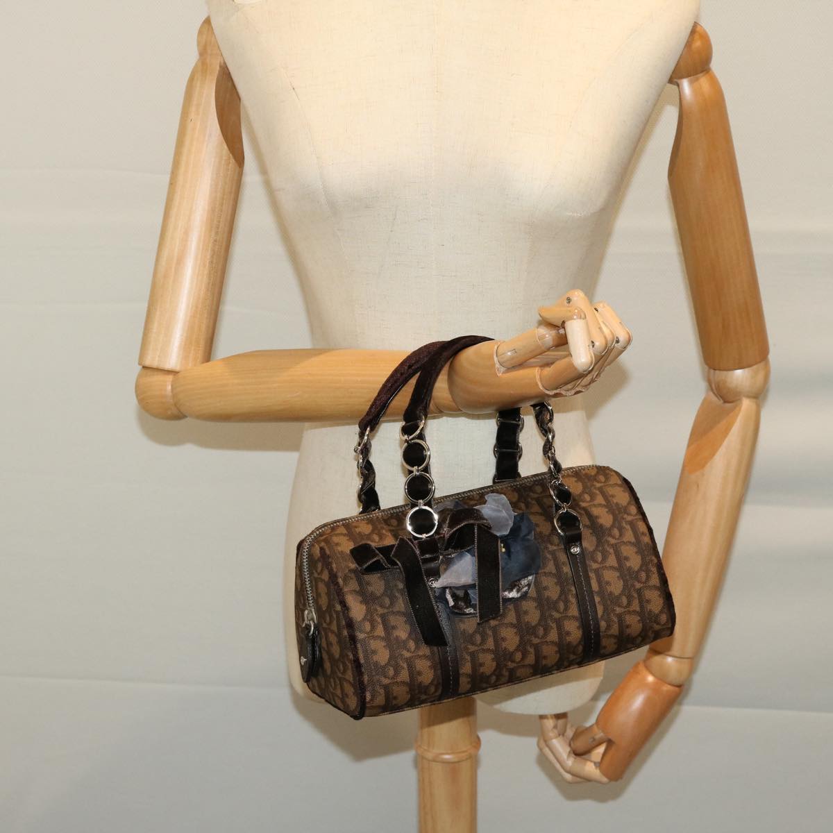 Christian Dior Trotter Romantic Flower Hand Bag PVC Leather Brown Auth am5843