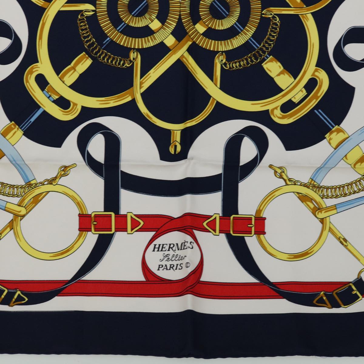 HERMES Carre 90 Eperon d'or Tellier Scarf Silk Navy Auth am5855