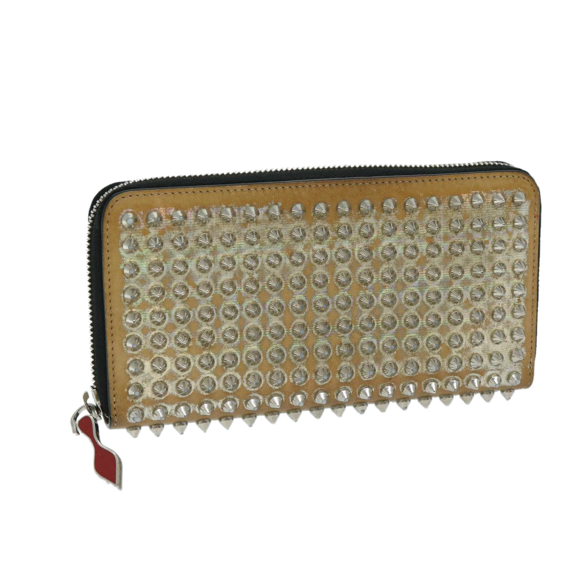 Christian Louboutin Studs Long Wallet Leather Beige Auth am5859