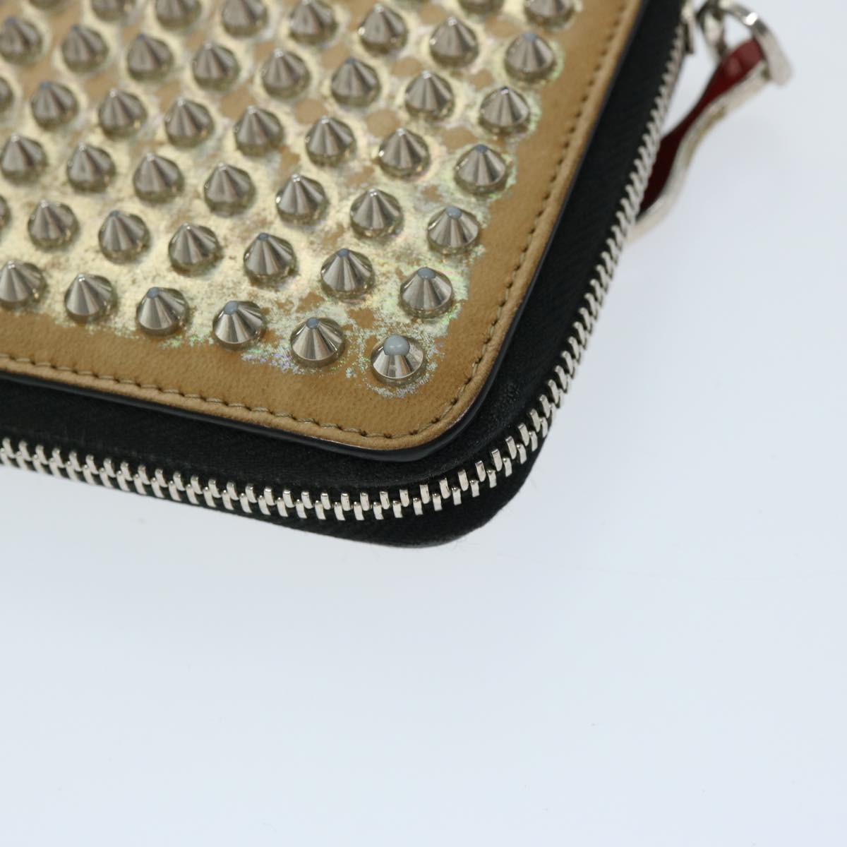 Christian Louboutin Studs Long Wallet Leather Beige Auth am5859