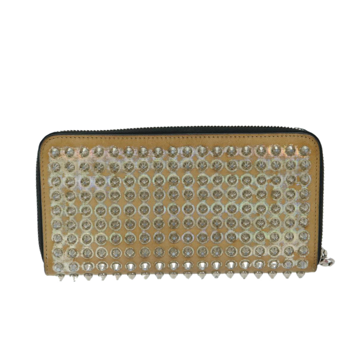 Christian Louboutin Studs Long Wallet Leather Beige Auth am5859