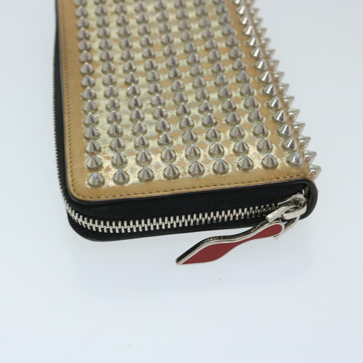 Christian Louboutin Studs Long Wallet Leather Beige Auth am5859