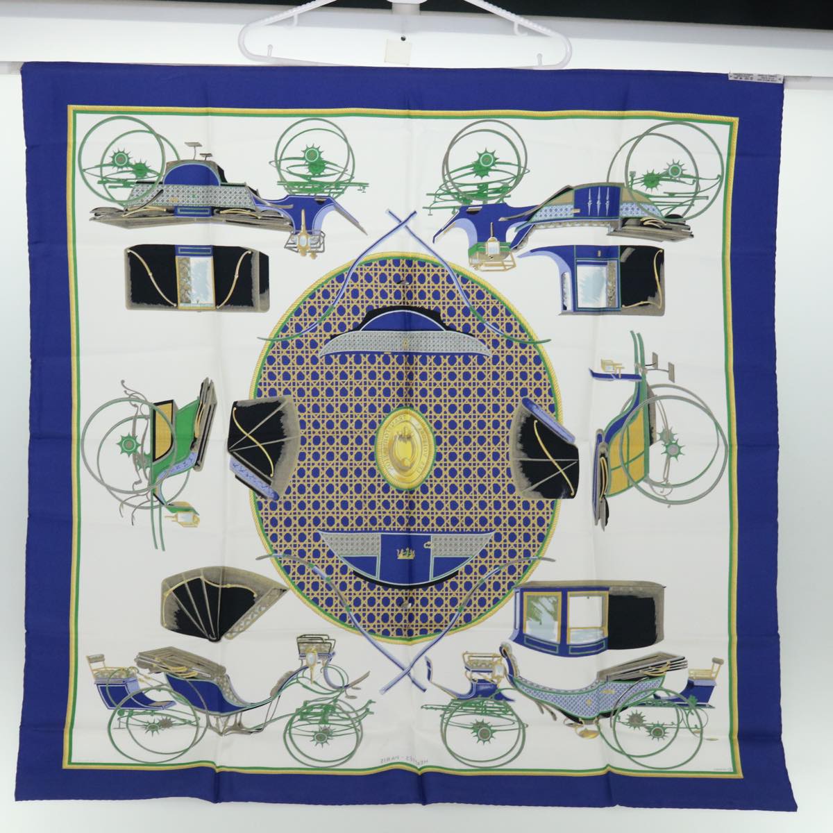 HERMES Carre 90 LES A VOITURES A TRANSFORMATION Scarf Silk Blue Auth am5906