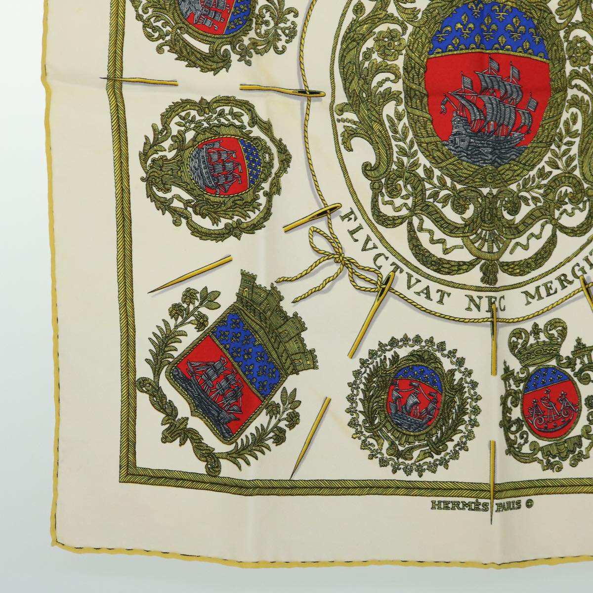 HERMES Carre 40 LES ARMES DE PARIS Scarf Silk Yellow Auth am5910