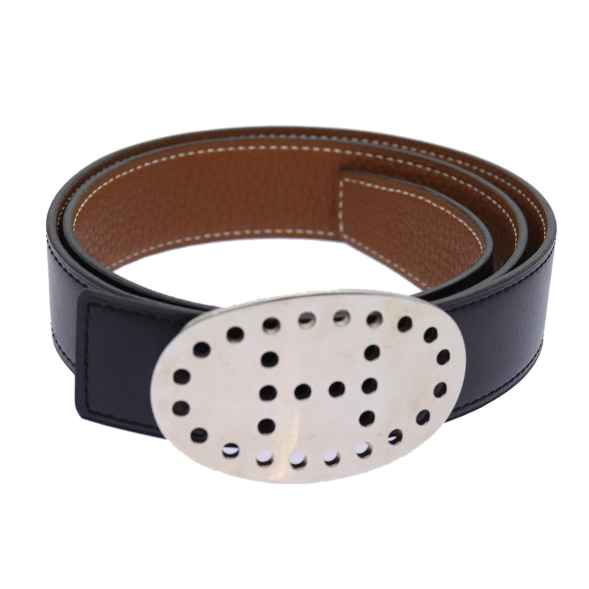 HERMES Evelyn oval buckle reversible Belt Leather Black Brown Auth am5971