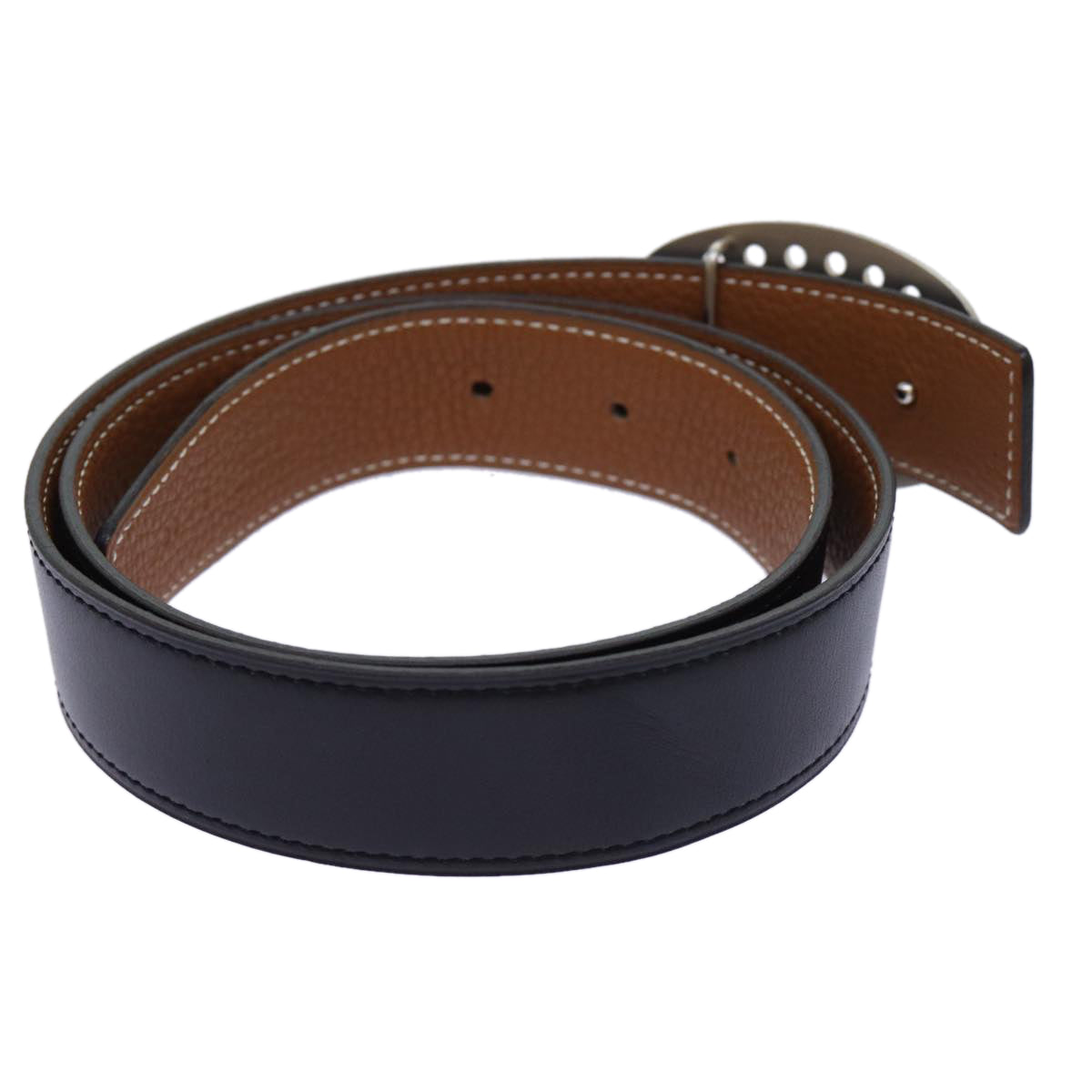 HERMES Evelyn oval buckle reversible Belt Leather Black Brown Auth am5971