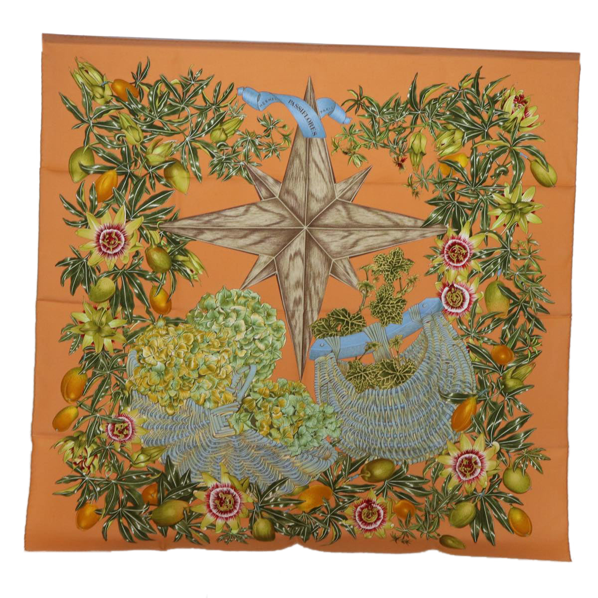 HERMES Carre 90 PASSIFLORES Scarf Silk Orange Auth am5974