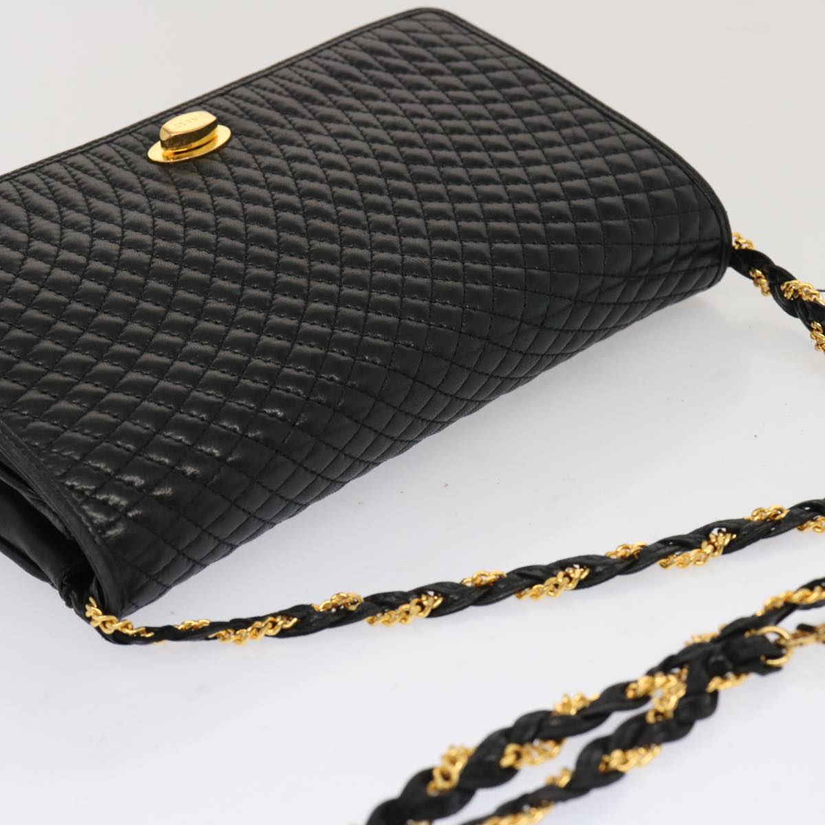 BALLY Quilted Chain Shoulder Bag Leather Black Auth am5980