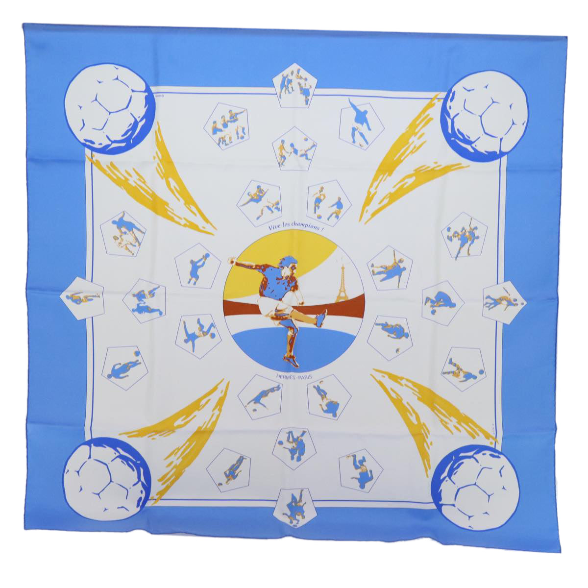 HERMES Carre 90 Vive les champions Scarf Silk Blue White Auth am6019