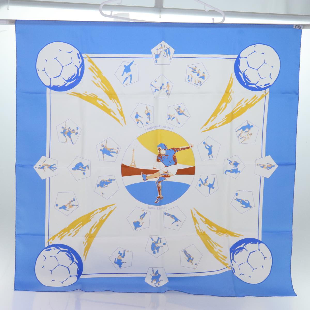 HERMES Carre 90 Vive les champions Scarf Silk Blue White Auth am6019