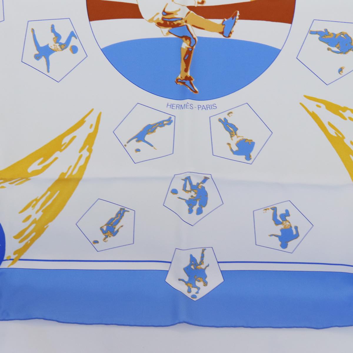 HERMES Carre 90 Vive les champions Scarf Silk Blue White Auth am6019