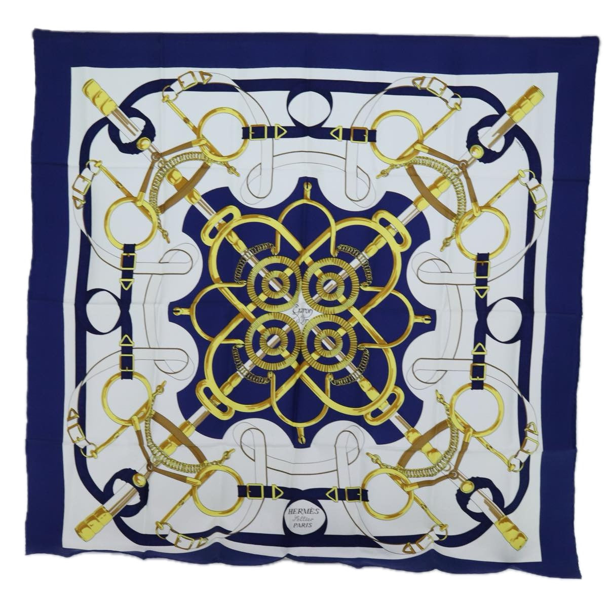 HERMES Carre 90 Eperon d'Or Scarf Silk Blue Auth am6085