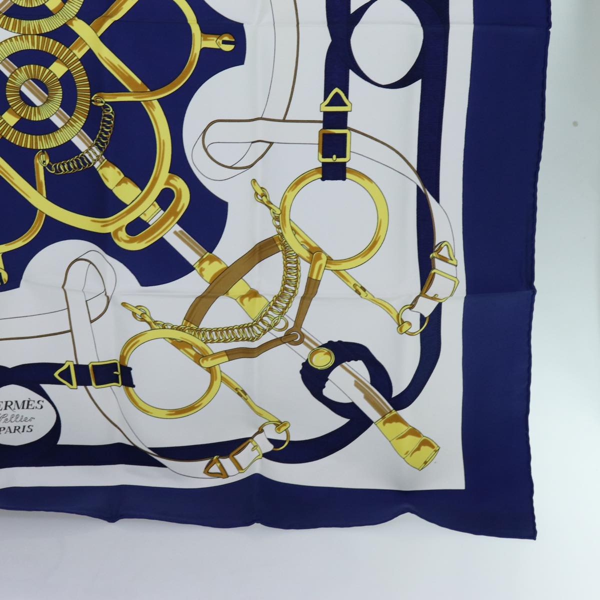 HERMES Carre 90 Eperon d'Or Scarf Silk Blue Auth am6085