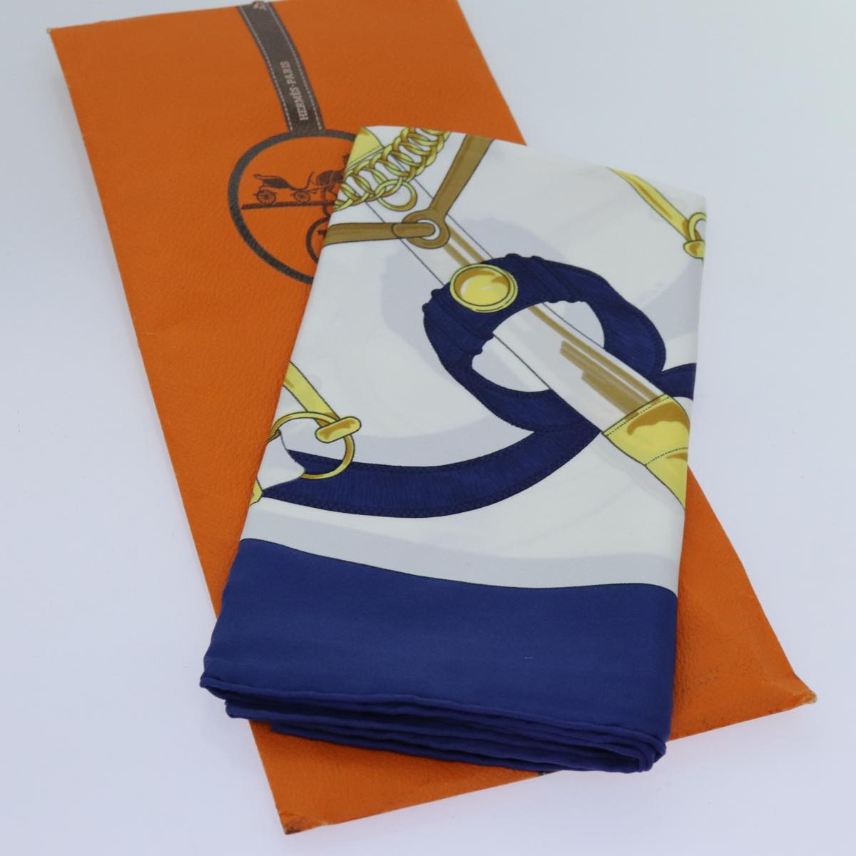 HERMES Carre 90 Eperon d'Or Scarf Silk Blue Auth am6085