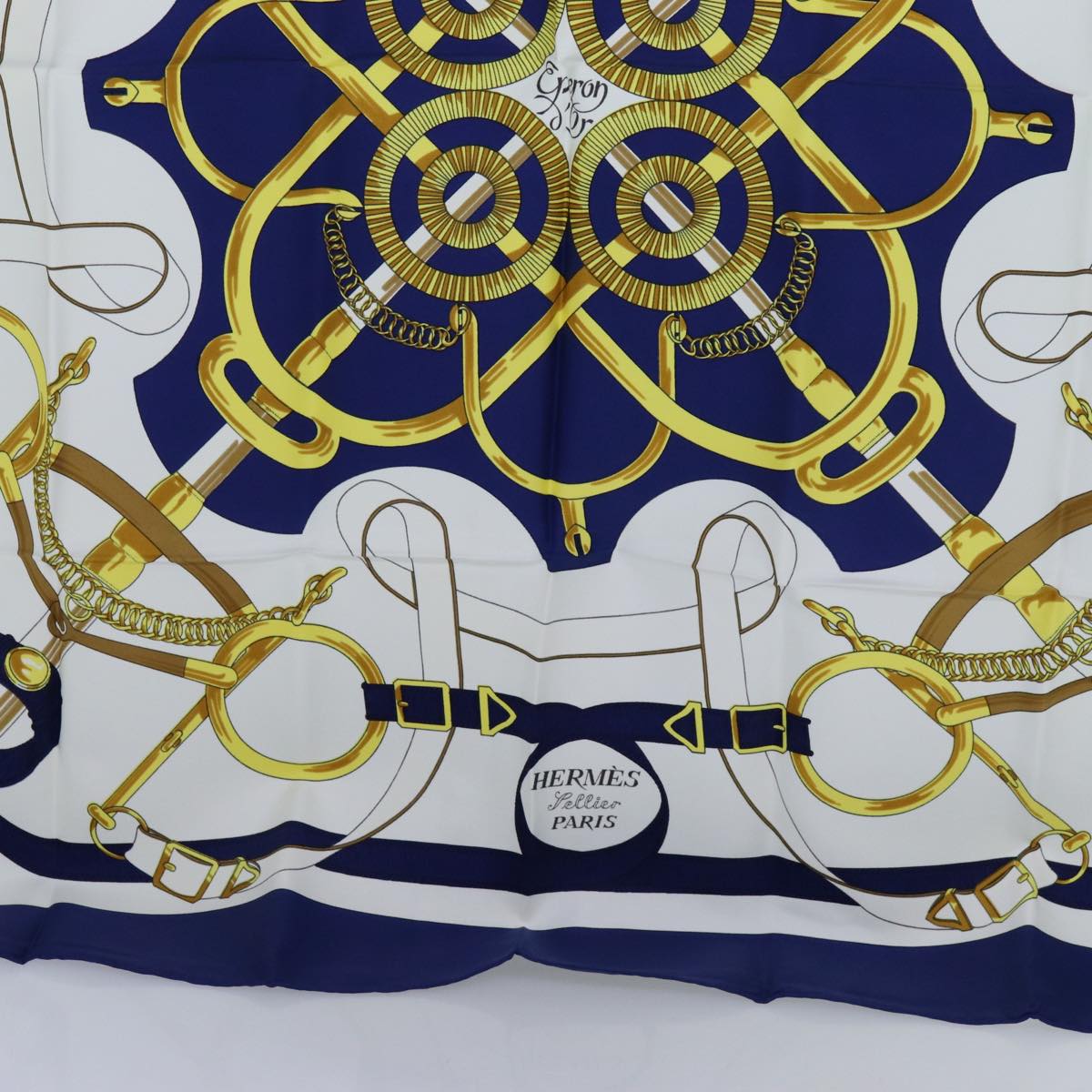 HERMES Carre 90 Eperon d'Or Scarf Silk Blue Auth am6085