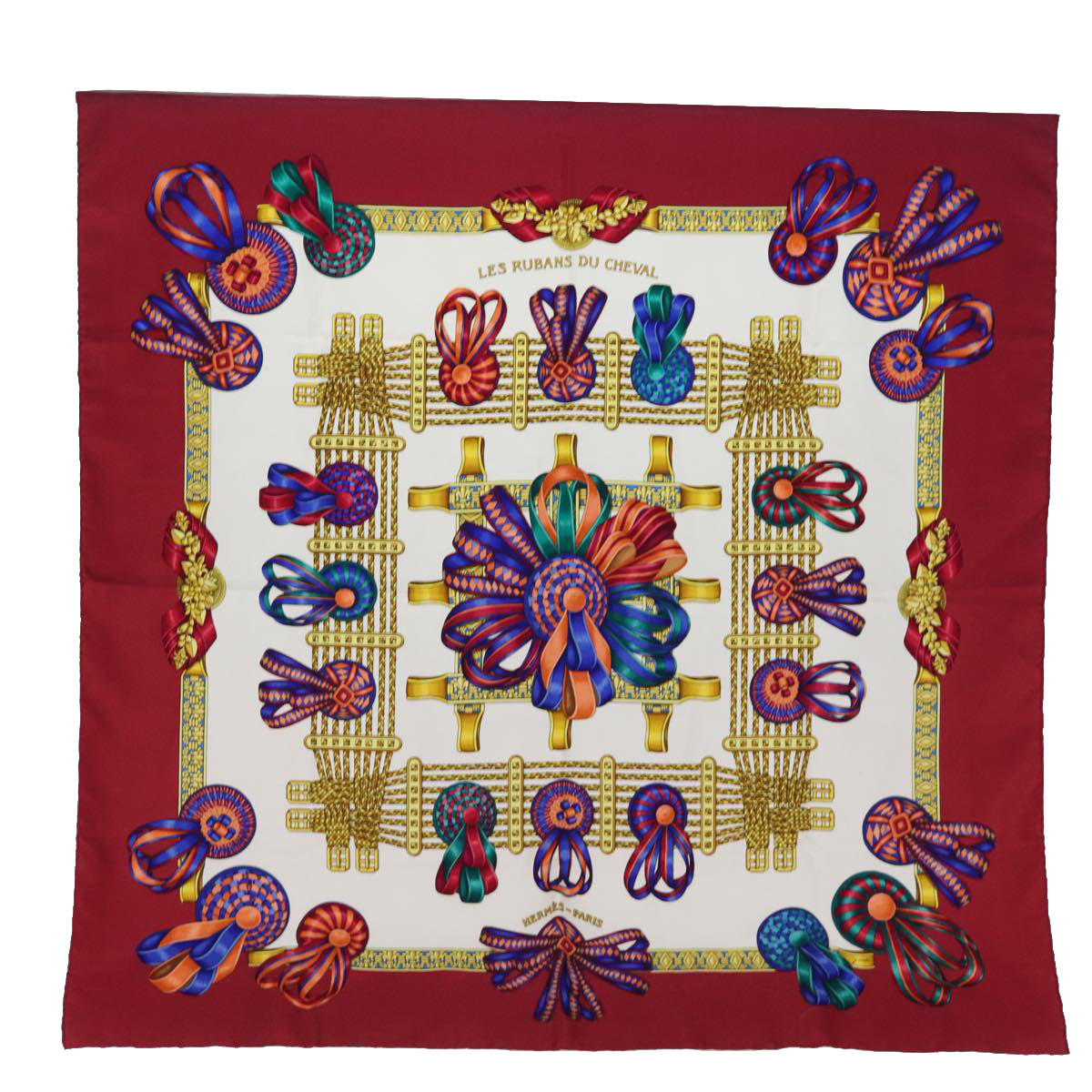 HERMES Carre 90 Scarf ""LES RUBANS DU CHEVAL"" Silk Red Auth am6113