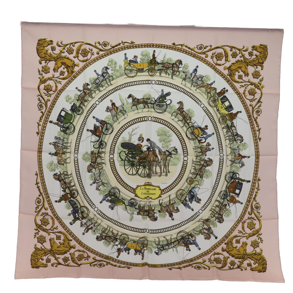 HERMES Carre 90 Scarf ""La Promenade De Longchamps"" Silk Pink Auth am6115