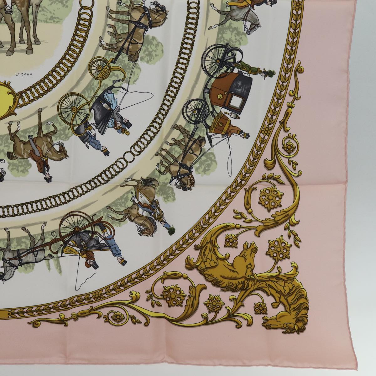 HERMES Carre 90 Scarf ""La Promenade De Longchamps"" Silk Pink Auth am6115