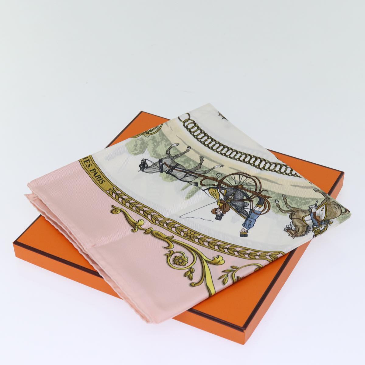 HERMES Carre 90 Scarf ""La Promenade De Longchamps"" Silk Pink Auth am6115