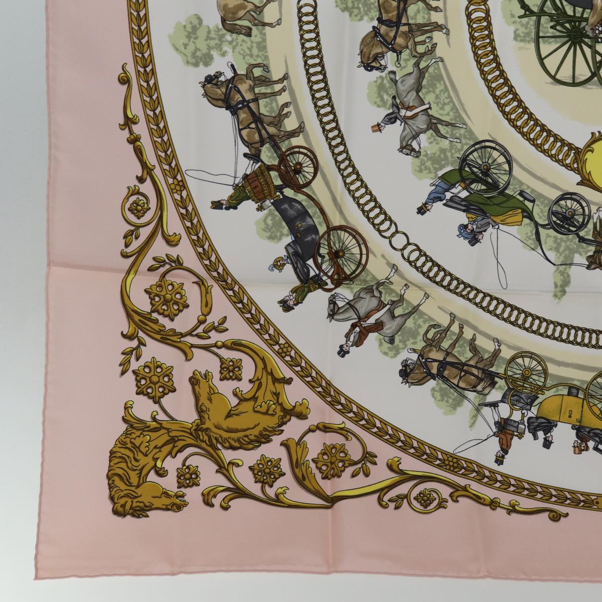 HERMES Carre 90 Scarf ""La Promenade De Longchamps"" Silk Pink Auth am6115