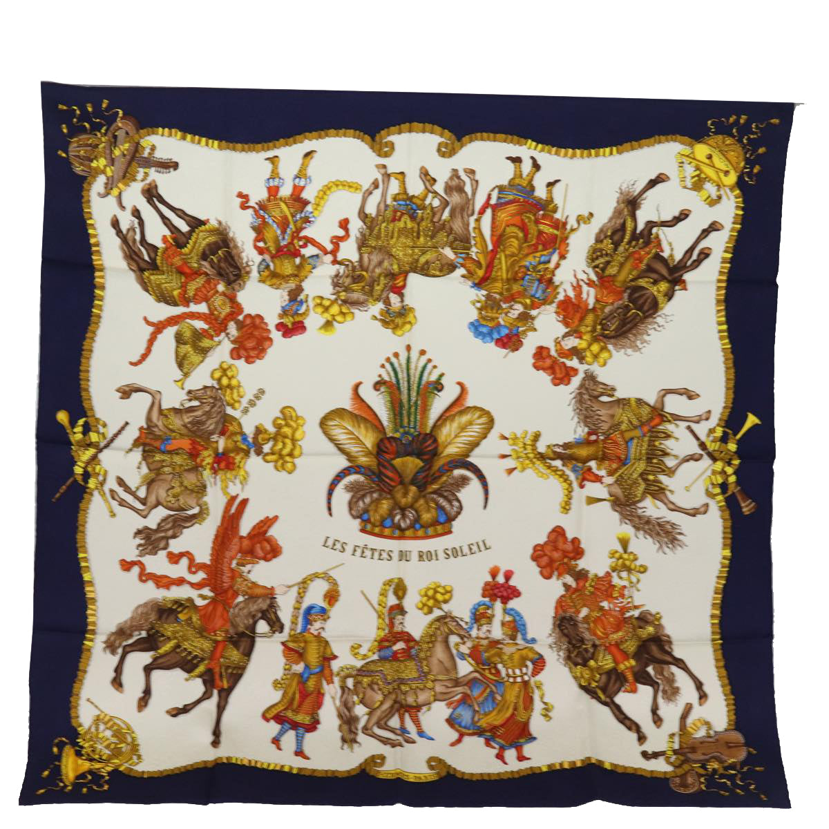 HERMES Carre 90 Scarf ""les fetes du roi soleil"" Silk Blue Auth am6219