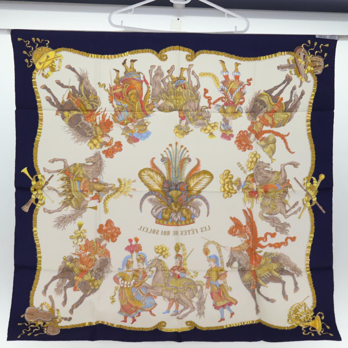 HERMES Carre 90 Scarf ""les fetes du roi soleil"" Silk Blue Auth am6219