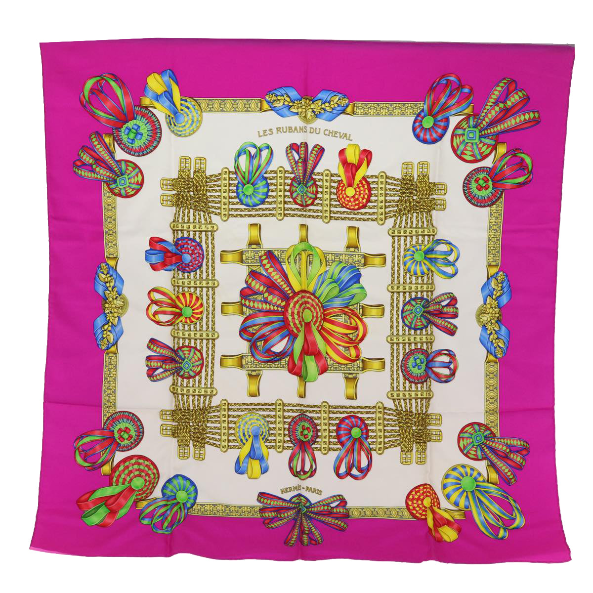 HERMES Carre 90 Scarf ""LES RUBANS DU CHEVAL"" Silk Pink Auth am6233