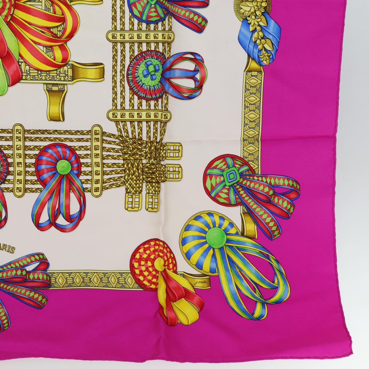 HERMES Carre 90 Scarf ""LES RUBANS DU CHEVAL"" Silk Pink Auth am6233