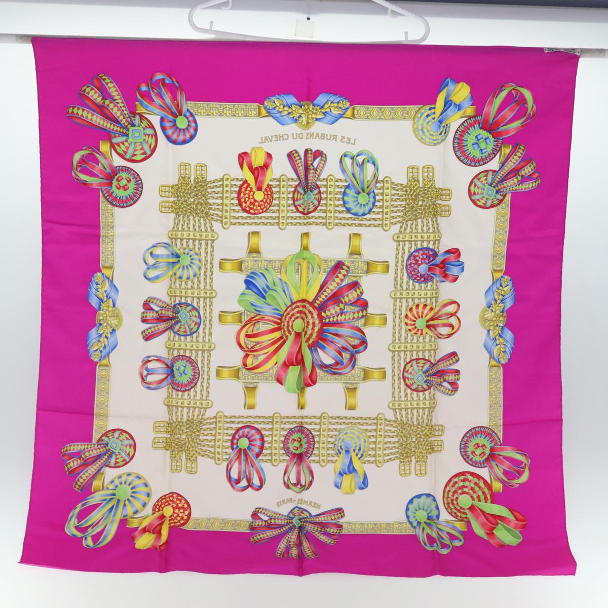 HERMES Carre 90 Scarf ""LES RUBANS DU CHEVAL"" Silk Pink Auth am6233