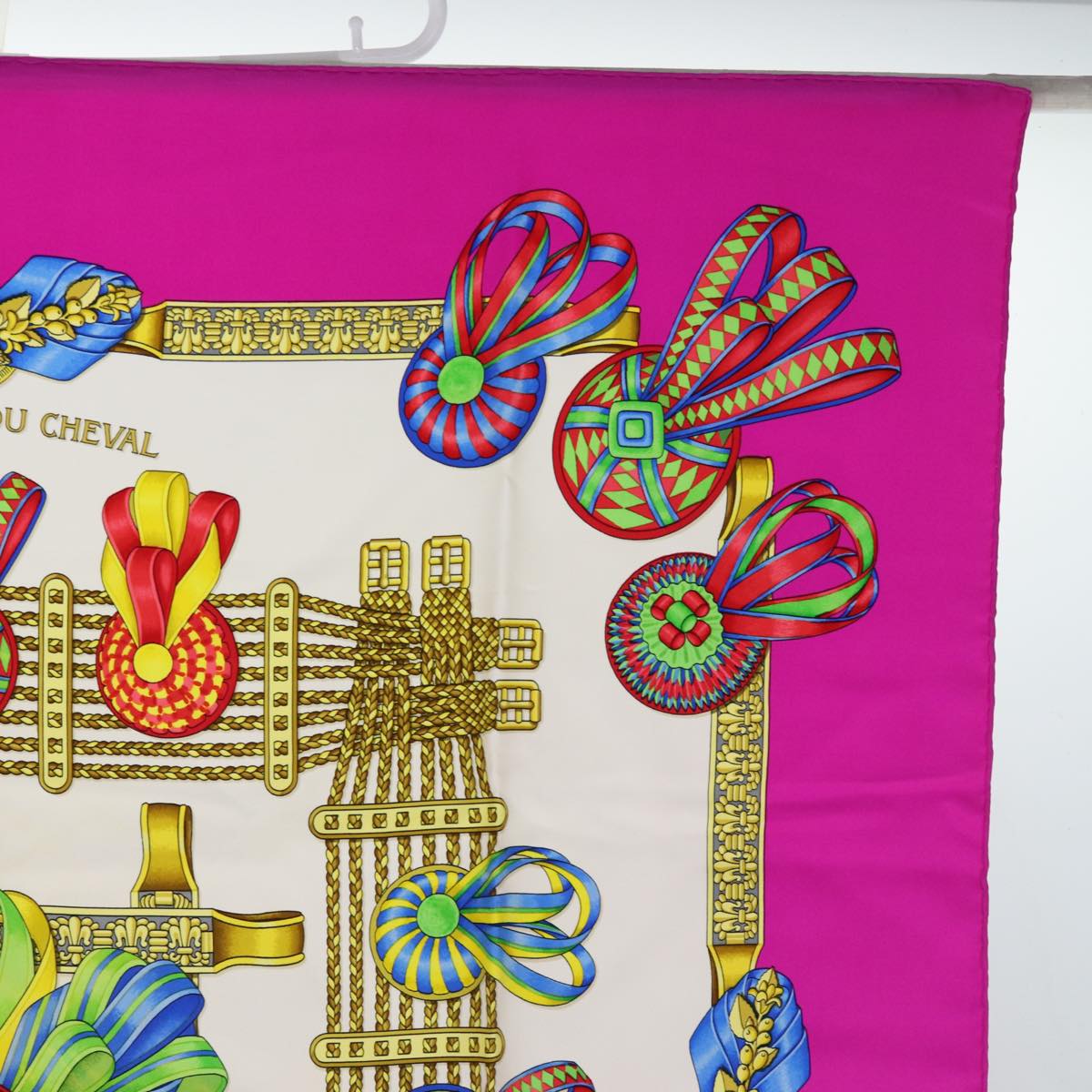 HERMES Carre 90 Scarf ""LES RUBANS DU CHEVAL"" Silk Pink Auth am6233