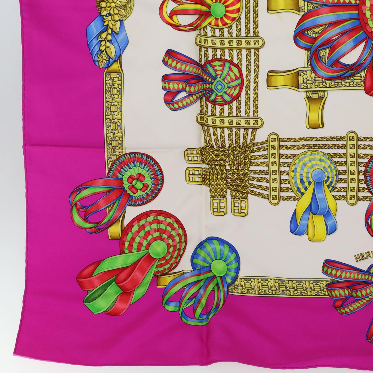 HERMES Carre 90 Scarf ""LES RUBANS DU CHEVAL"" Silk Pink Auth am6233