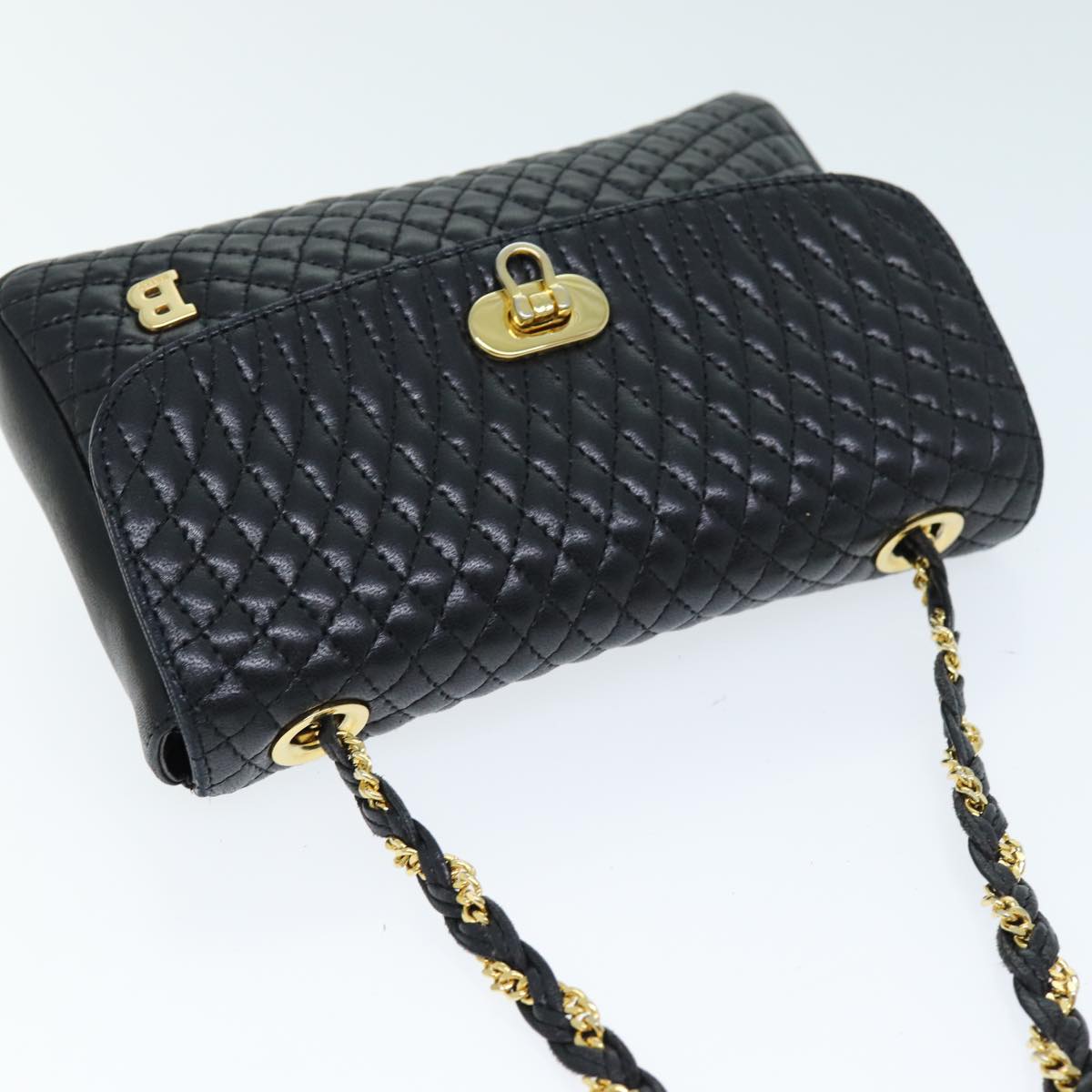 BALLY Chain Shoulder Bag Leather Black Auth am6296