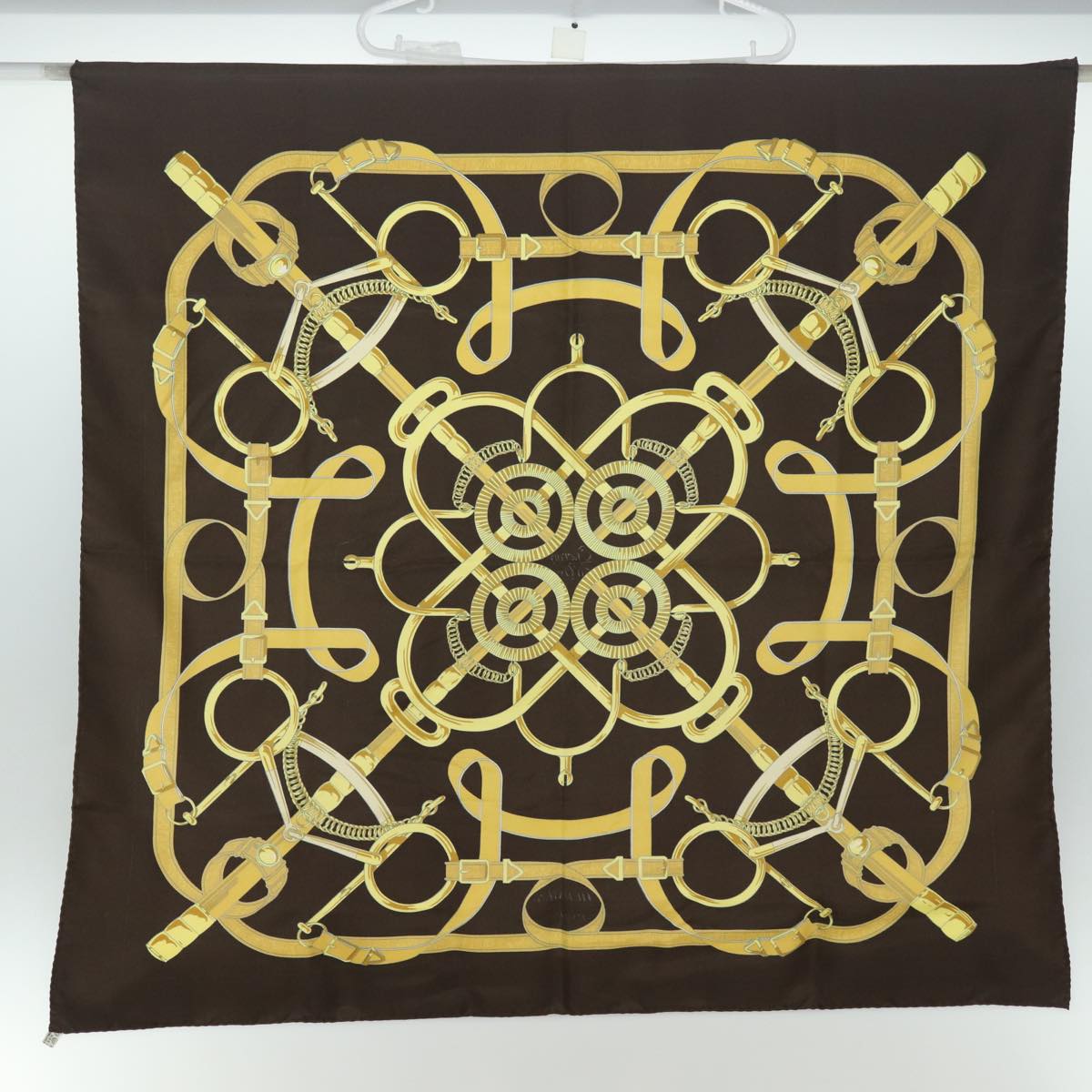 HERMES Carre 90 Scarf "" Eperon d'or"" Silk Brown Auth am6342